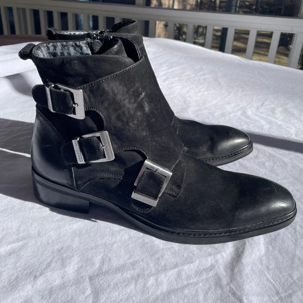 KARL LAGERFELD PARIS 11.5 Mens 3-buckle Leather and Suede Black